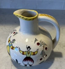 Vintage Folk Art Pottery Pitcher, Hand Painted Water Jug, Vase, Wine Carafe 7”