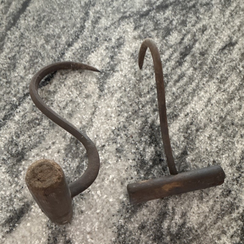 Vintage Metal S Hooks w/ Wooden Handles, Brown, Set of 2