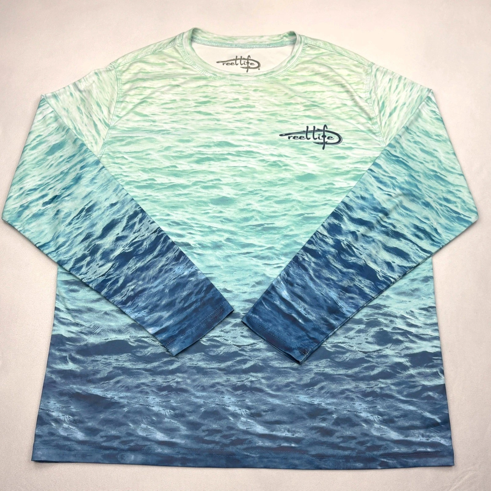 Reel Life Mens Long Sleeve Fishing Shirt Teal Blue Ocean Wave Performance Size M