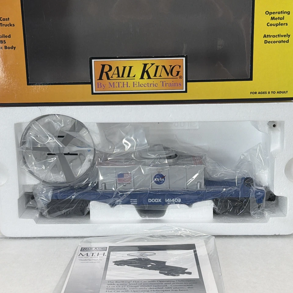 MTH RailKing 30-7940 NASA Flatcar w Operating Helicopter New O O27 Gauge #141403 - Image 2 of 4