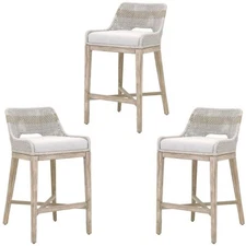 Home Square 3 Piece Upholstered Patio Bar Stool Set in Taupe and White