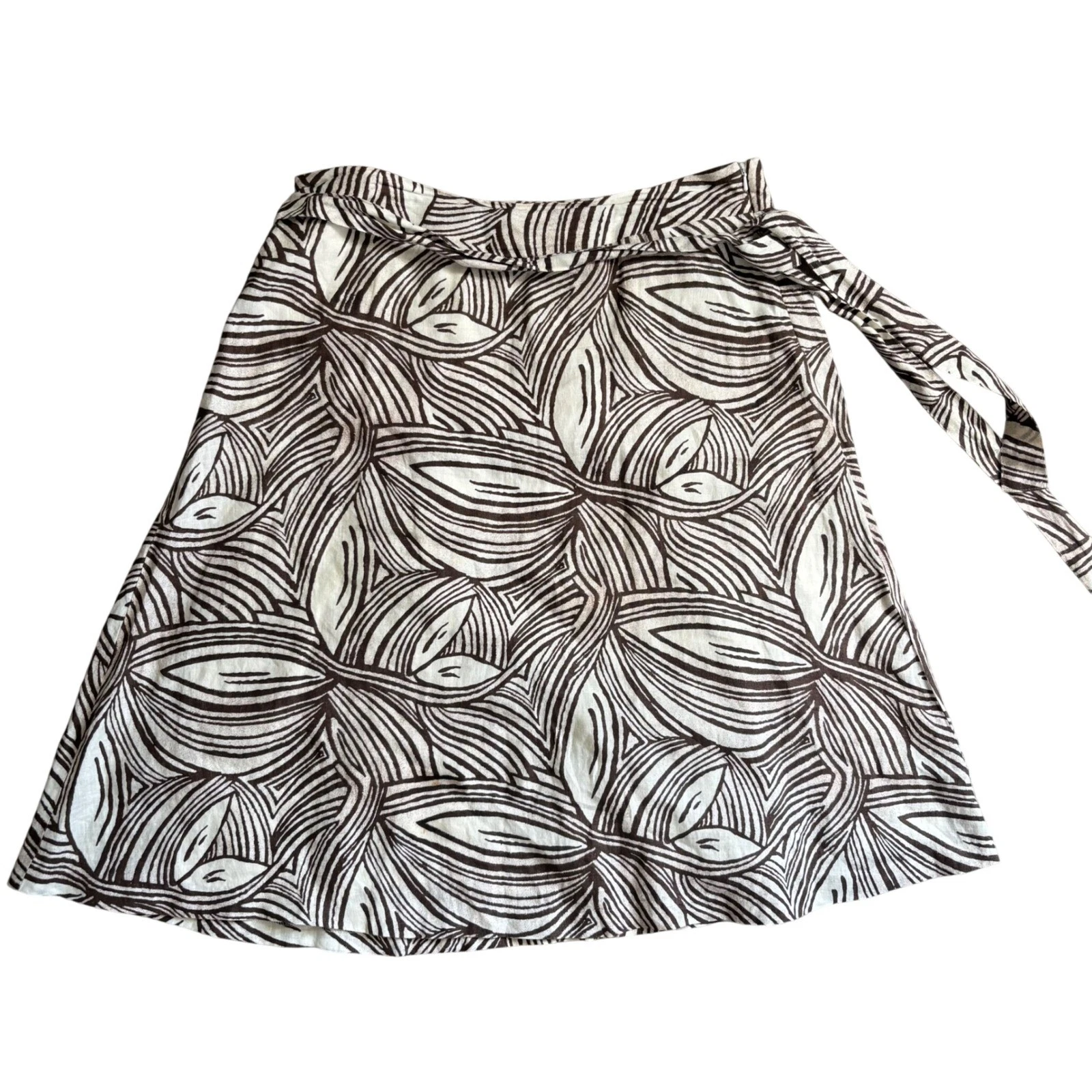 Talbots Wrap Skirt Womens 12 Brown Abstract Irish Linen Cotton Lined A-Line