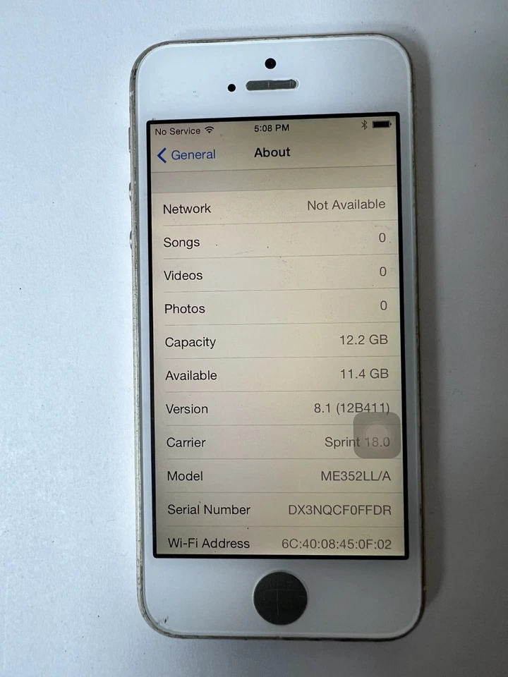 Apple iPhone 5s 16GB Blanco Modelo A1453 ME352LL/A Sprint iOS 8.1 ¡Mal botón de inicio! Foto 2 de 4