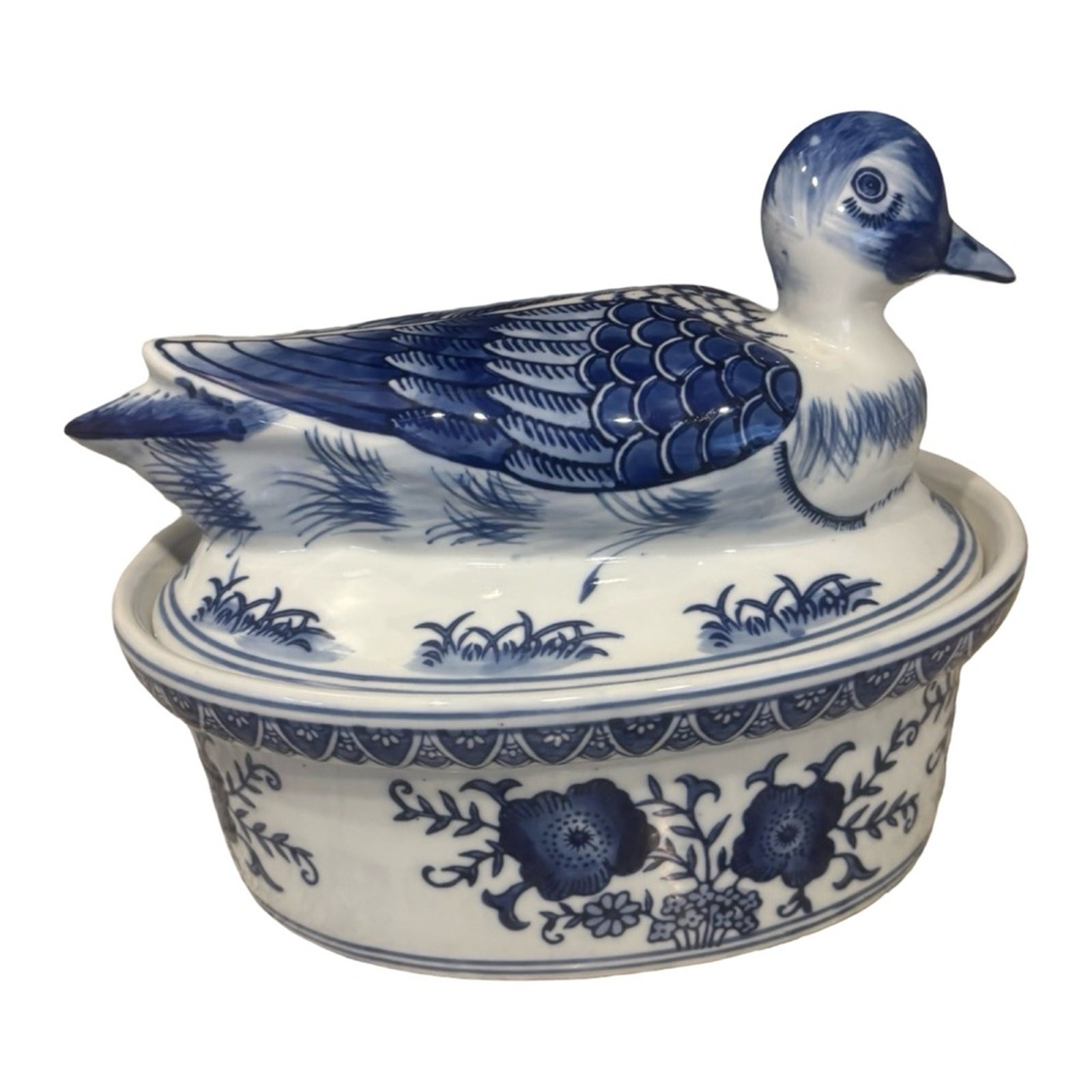 Vintage Blue and White Duck Tureen Porcelain Covered Dish Mid Cent Collectible