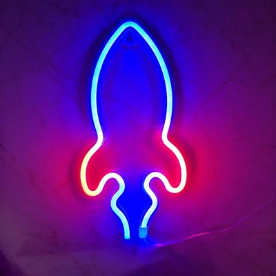 Neon LED Sign Rocket Night Light Wall Decor Lamp Lighting Gaming Setup BAR