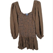 Urban Outfitters Francis Plaid Smocked Long Sleeve Mini Dress size Medium