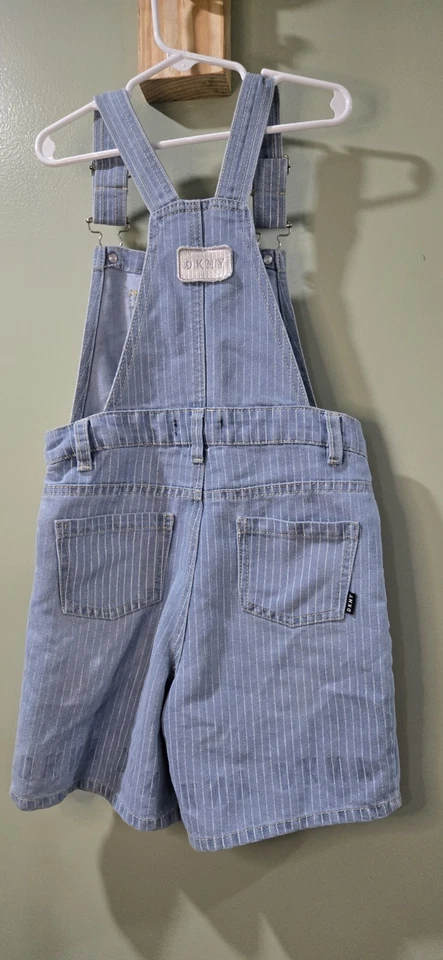 DKNY Girls Blue & White Striped Logo Overall Shorts Shortalls Size 8 - Image 4 of 4