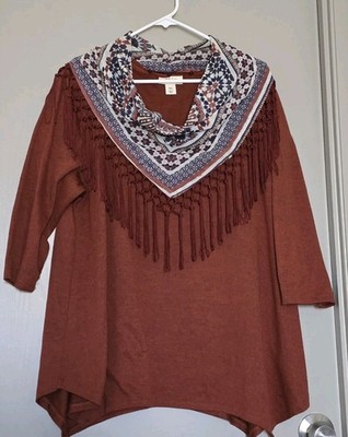 Style & Co. 3/4 Sleeve Top With Printed Removable Scarf XXL Rust 