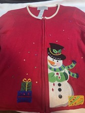 Christmas Cardigan Tiara International Red Full Zip Holiday Snowman Sweater L