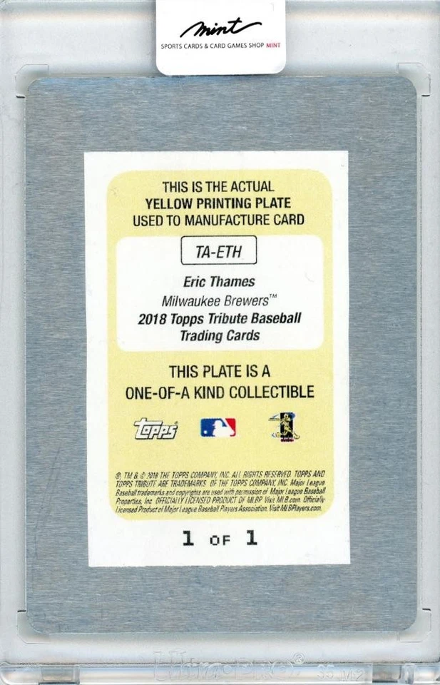 2018 Topps Tribute Eric Thames Tribute Autograph Printing Plates Yellow 1 /1 - Image 2 of 2