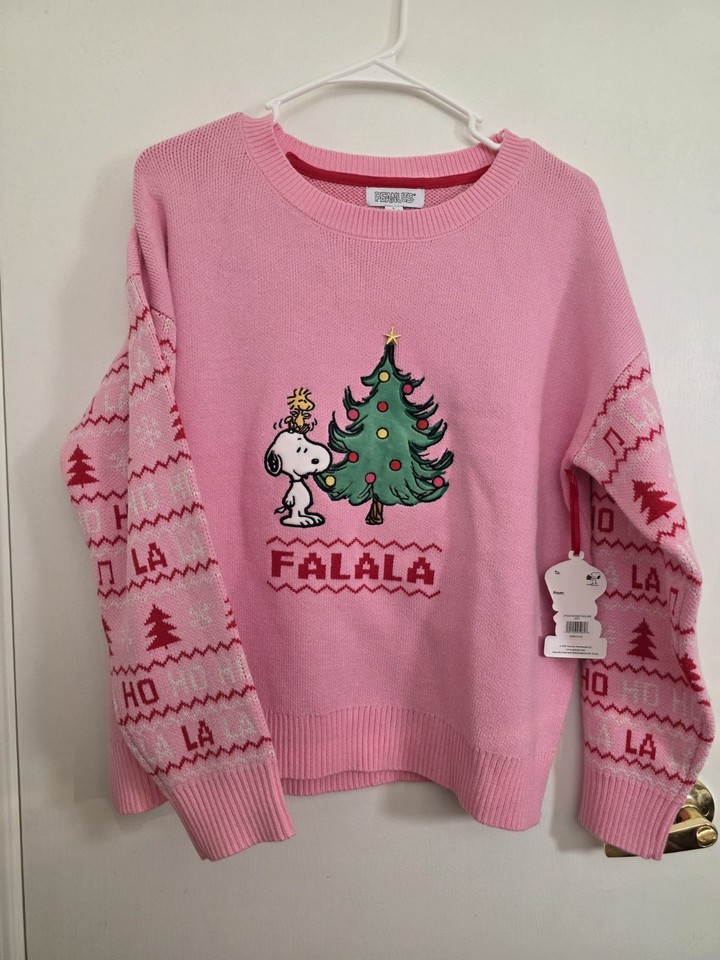 New L Peanuts Snoopy Woodstock Pink Christmas Sweater Womens | eBay