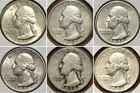 Lot of 6 Washington Quarters 1935 & 1936 P D S All Mint 90% Silver, Some AU/BU