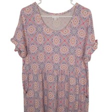 J. Jill Womens Geometric Print Midi Dress L Pockets Short Sleeves Rayon Blend