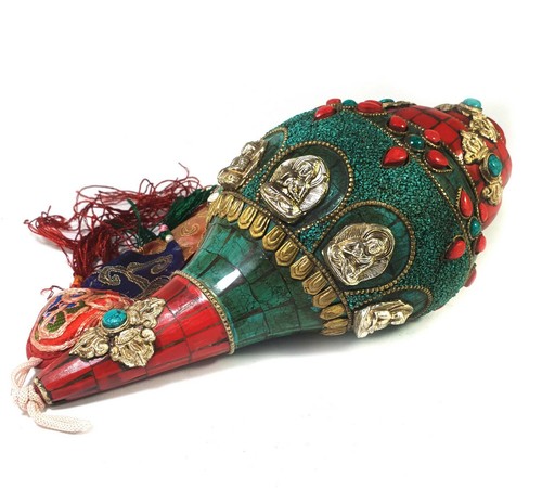 Tibetan Shankh Conch Shell Trumpet Horn Statue Turquoise Coral Sitting Buddha - Picture 2 of 4