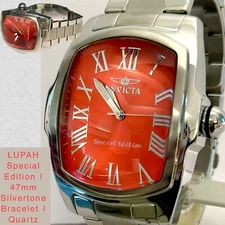 47mm Special Edition LUPAH Red Dial Silvertn Bracelet Invicta Quartz Mens Watch