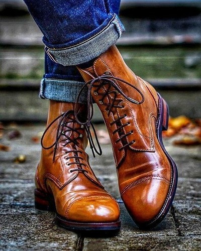 Men Genuine Leather Round Toe Ankle Boots Handmade Good Year Lace Up Dress Boots - Picture 5 of 5