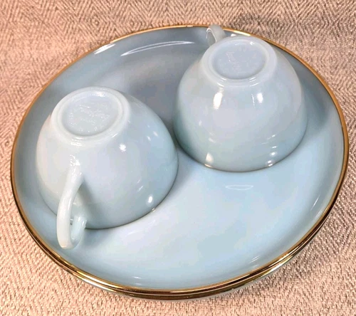 Vintage Fire King Oven Ware Delphite Blue Tea/Snack Plates and Cups Set of 2 MCM