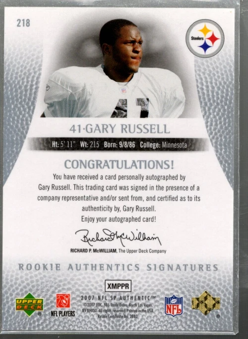 B0364- 2007 SP Authentic #218 Gary Russell RC Auto /1199 - NM-MT - Image 2 of 2