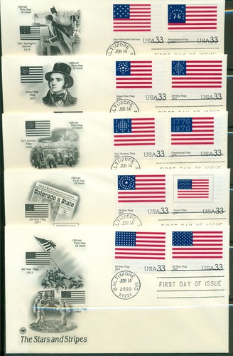 2000 FDC Set de 10 - Scott # 3403 - Estrellas y rayas - PIEZAS Cachet UA - Imagen 2 de 2