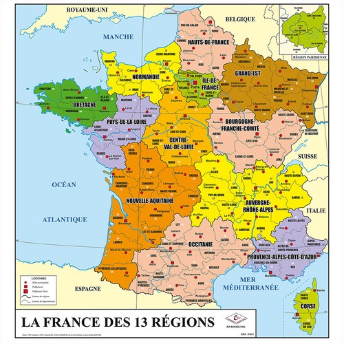 FRENCH FRANCE MAP POLITICAL POSTER PRINT EDUCATIONAL SCHOOL WALL DECOR