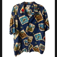 Kole kole Hawaiian Shirt Mens Big Tall 3XL Camp Button Front Blue Postcard Vtg