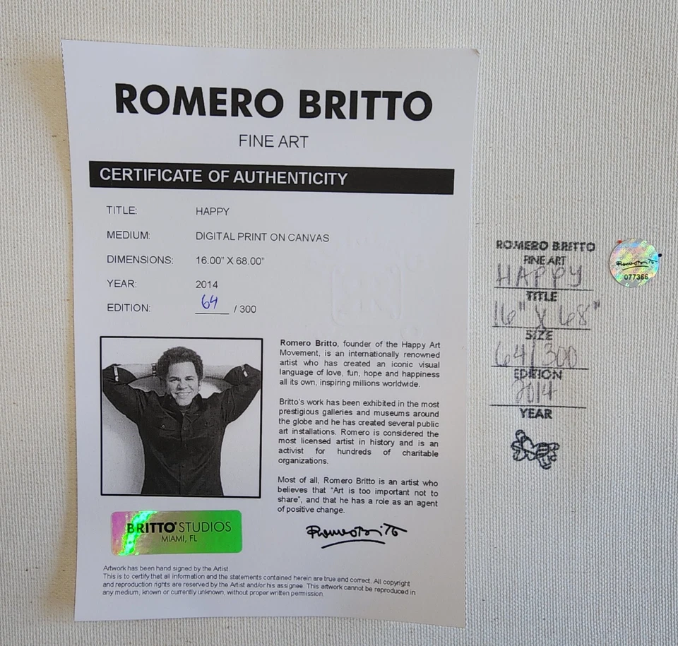Impresión Romero Britto "HAPPY" Edición Limitada 64/300 | Firmada a Mano con Certificado de Autenticidad Foto 2 de 4