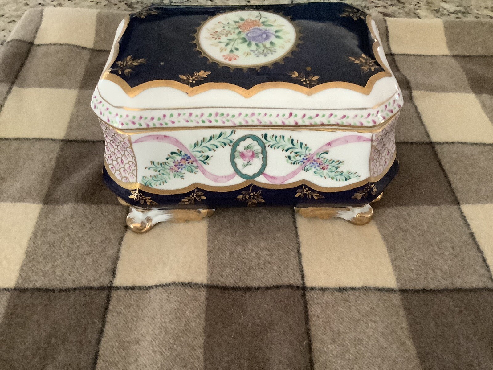 Cobalt Blue Floral Gold Trim Vintage Hand-Painted Jewelry Box-image