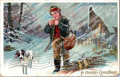 Vintage Christmas Postcard 1907 Tucks Man Dog in Snow Winter Scene