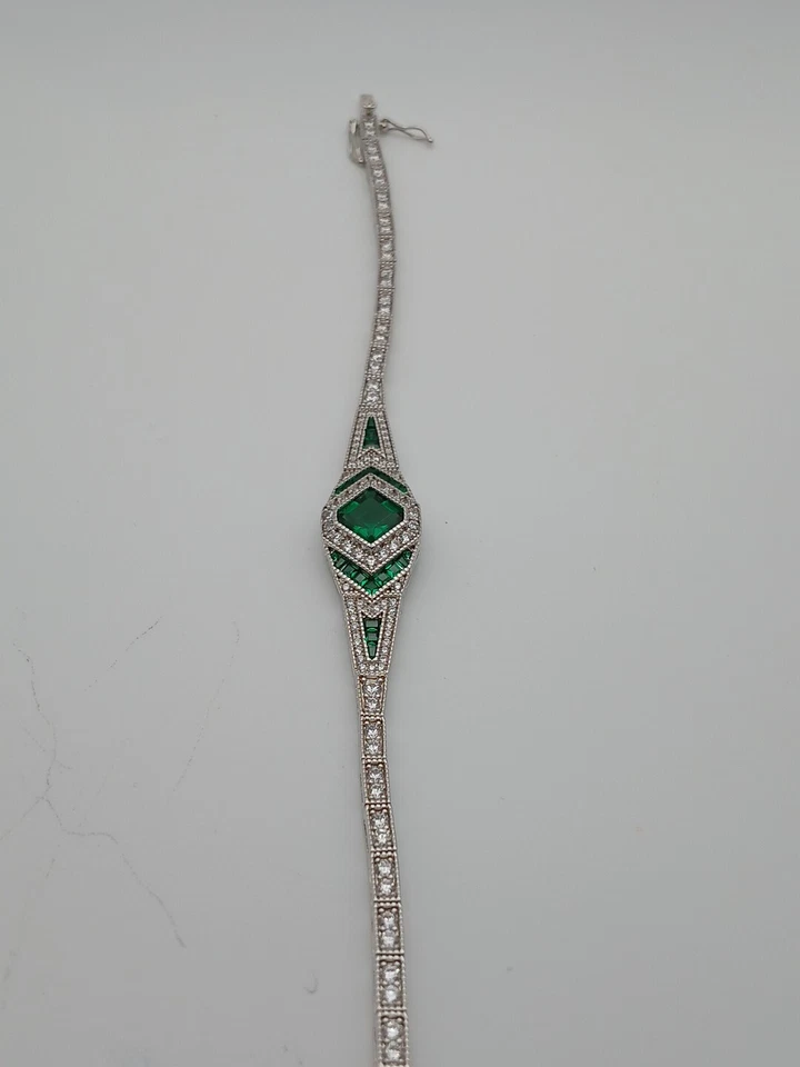 IMPRESIONANTE Brazalete Art Deco GP Verde Sintético Esmeralda y Blanco Circonita Foto 4 de 4