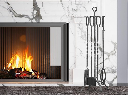5-Piece Modern Fireplace Accessories Set with Easy-Grip Handles - Pewter Finish - Picture 9 of 11