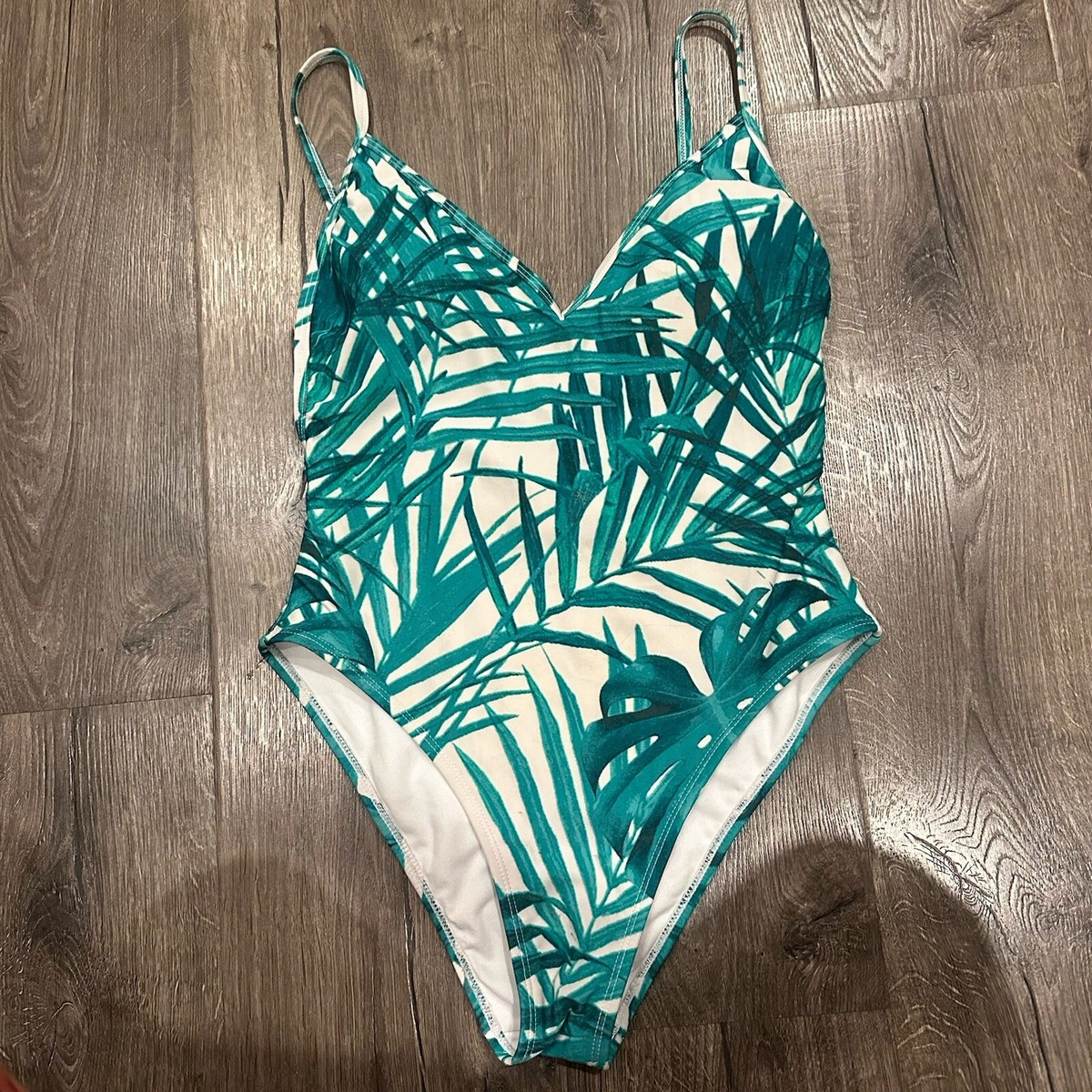 LA Hearts Womens One Piece Swimsuit Green White Hawaiian Leaves