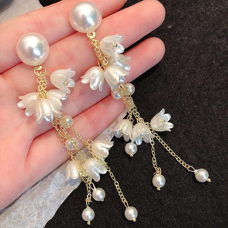 White Flower Pearl Earrings Long Tassel Dangle Drop Wedding Women