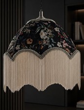 Floral Fabric Light Shade Only Peony Flowers Scalloped With Tassels Black 30cm
