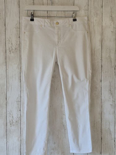 karen Millen Crisp White Stretch Skinny Jeans Size 14 Logo Buttons - Picture 1 of 10