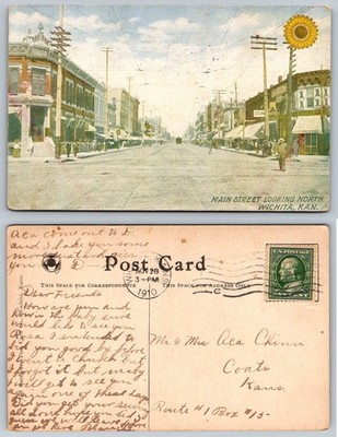 1910 Wichita, KS Main Street Postcard Sunflower Pole & Trolley Tracks Posted