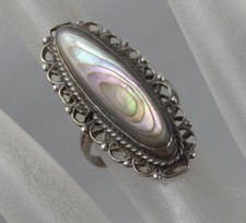 Vintage Made in Mexico Sterling Silver Abalone Oblong Cocktail Ring Sz 5 F1782