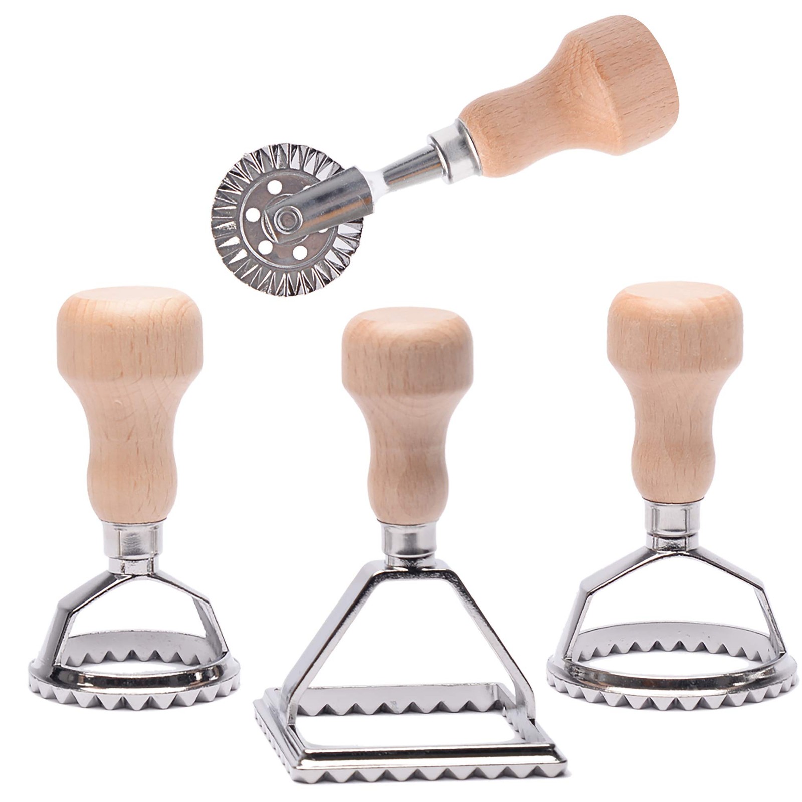 Emporte-pièce ravioli en inox et bois avec roulette coupe-pâte