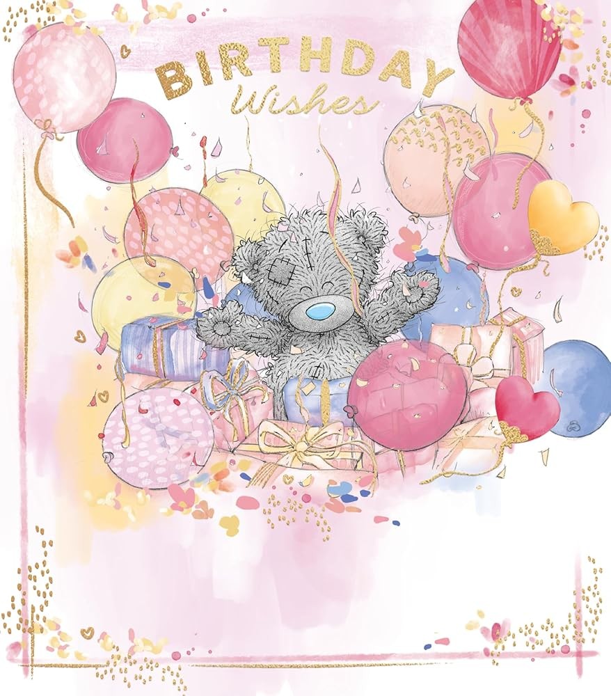 Bear Amongst Streamers Balloons And Gifts Birthday Wishes Card - Image 2