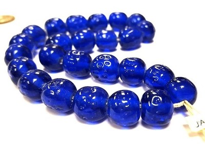 24 VINTAGE JAPAN 1950's CHERRY BRAND GLASS SAPPHIRE 12mm. BAROQUE BEADS 4577T