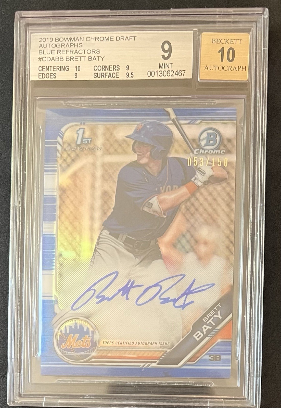 2019 Bowman Chrome Brett Baty True Blue Refractor /150 BGS 9 Auto 10