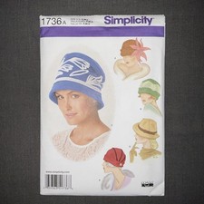 Simplicity 1736  Style Hats Pattern 1920s Cloche Contrast Piping size S, M, L