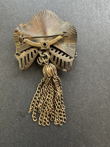Vintage Brosche dunkel goldfarben Metall, Bronze grün Strass Kette Quaste Anstecknadel - Bild 3 von 10