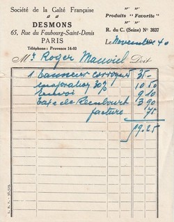 Facture magasin à PARIS novembre 1940 époque Occupation soldats allemands
