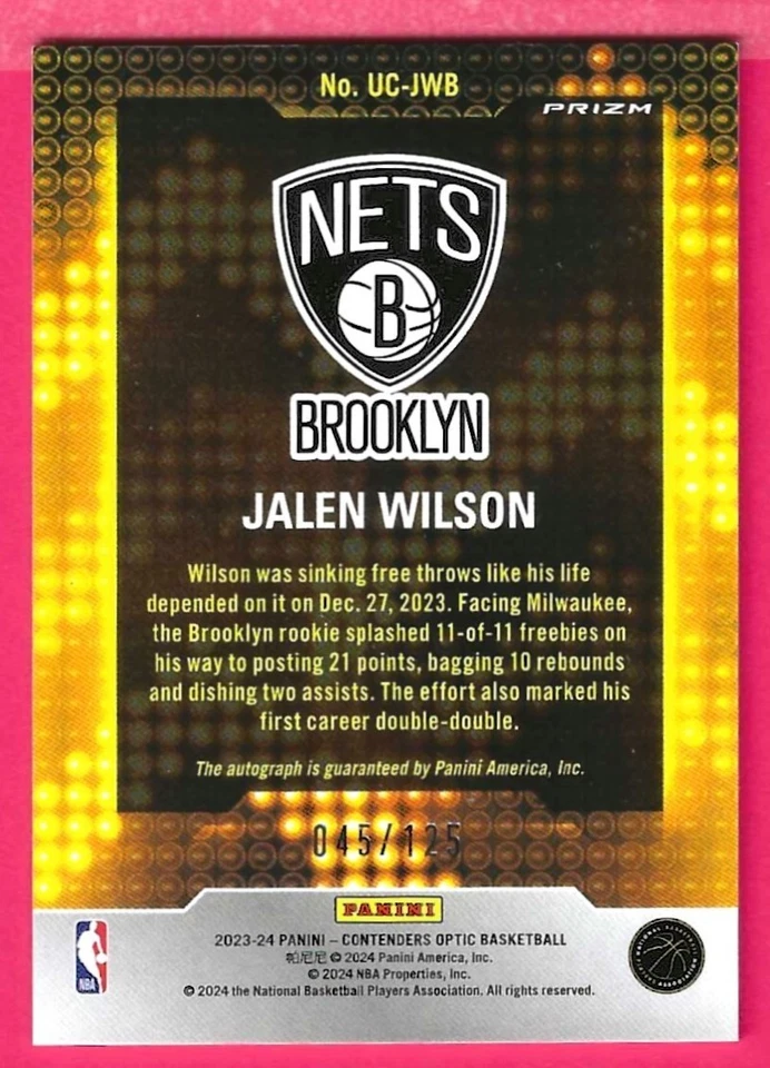 2023-24 Contenders Optic Jalen Wiilson Up and coming Rookie /125 Autograph Prizm - Image 3 of 4