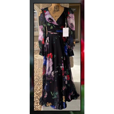 mac duggal black floral dress Mac Duggal Floral Embroidered Tulle Sleeveless V-Neck A-Line Gown, Womens, 6, Black Multi