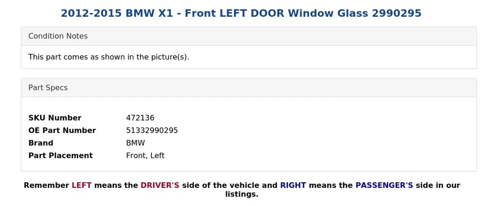 BMW X1 2012-2015 - Cristal ventana puerta delantera izquierda 2990295 Foto 2 de 3