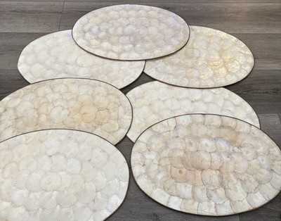 VTG Capiz Shell Placemats set 7Cork Backed Oval Plus 2 Capiz Shell Bowls