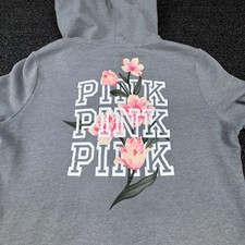 Victoria's Secret PINK Hoodie Womens L Gray Full Zip Floral Graphic Fleece