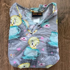 Looney Tunes Tweety Bird Coffee Scrub Top Women's XS Gray Nurse V-Neck Pockets