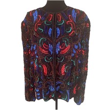 VTG SCALA 100 Silk Evening Jacket Sz 1X Beaded Sequin Multicolor Paisley Glam